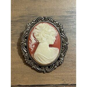 VTG MCM Lucite Cameo Brooch Silver Tone Orange Cream Victorian Revival Bridgeton